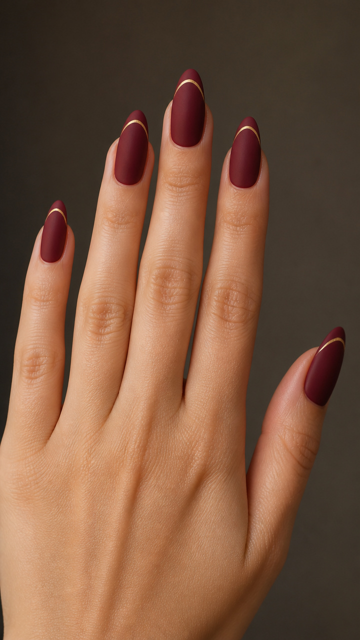 Deep Burgundy Matte Almond with Minimalist Gold Line