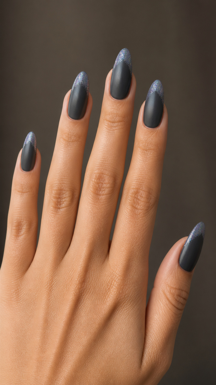 Charcoal Gray Almond Tips with Frosted Edge