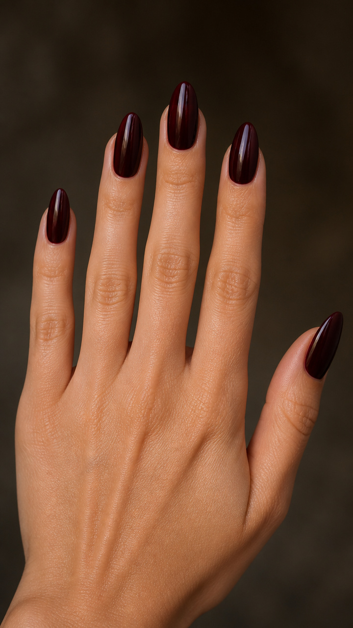 Black Cherry Almond Nails with Glossy Finish