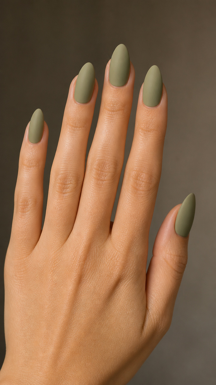 Sage Green Almond Nails with Matte Top Coat