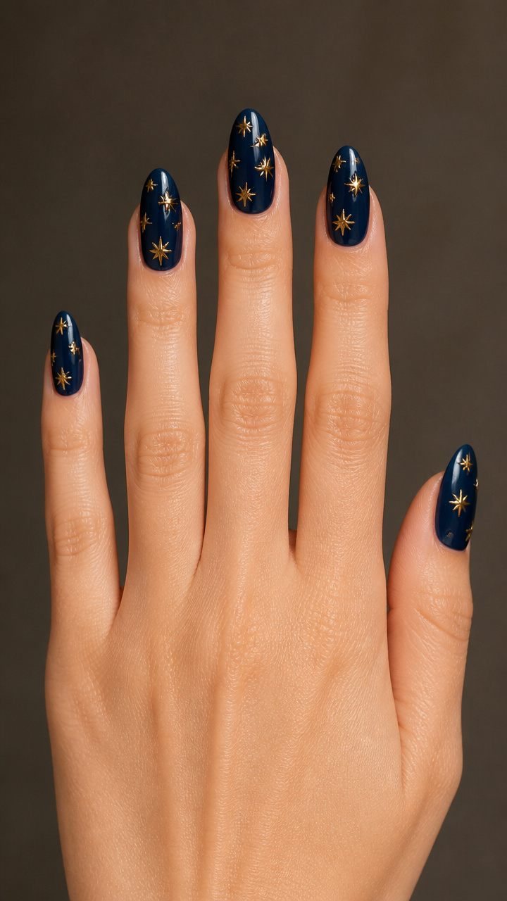 Navy Blue Almond with Gold Star Studs