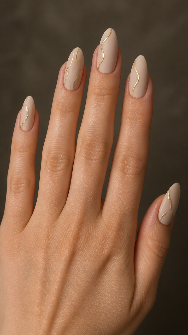 Ash Blonde Almond Nails with Wavy Liner