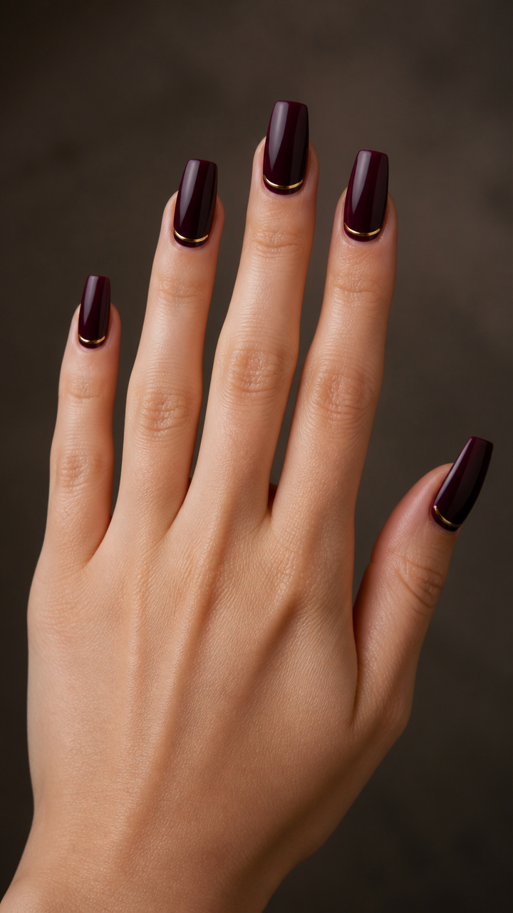 Deep Plum Coffin Nails with Minimalist Gold Line