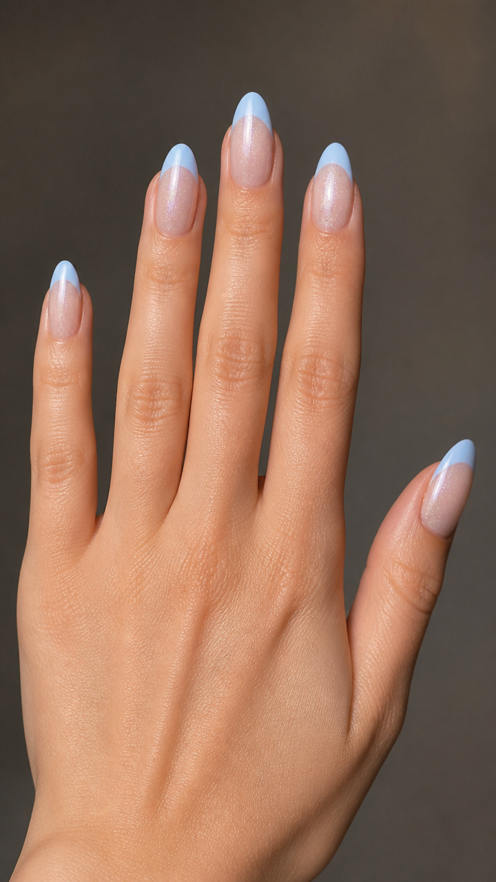 Pale Blue French Tips with Shimmer Gradient