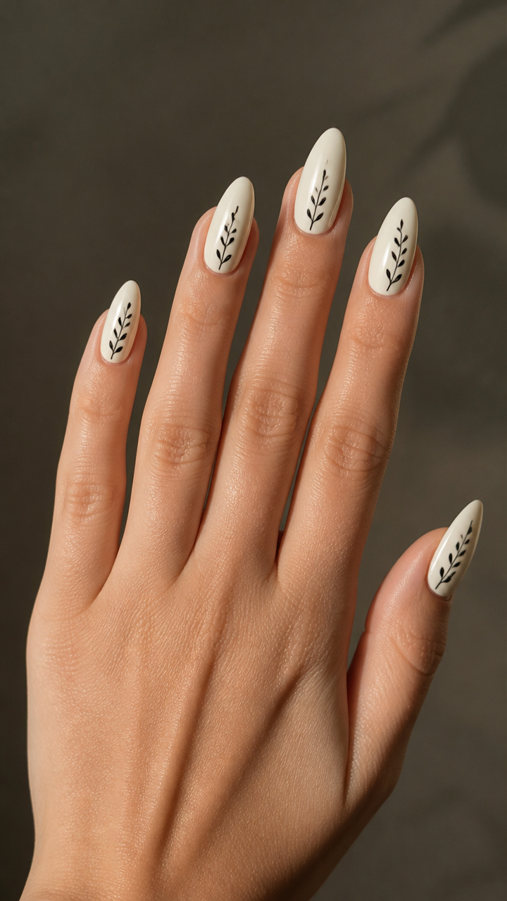 Ivory Almond Nails with Delicate Vine Etching