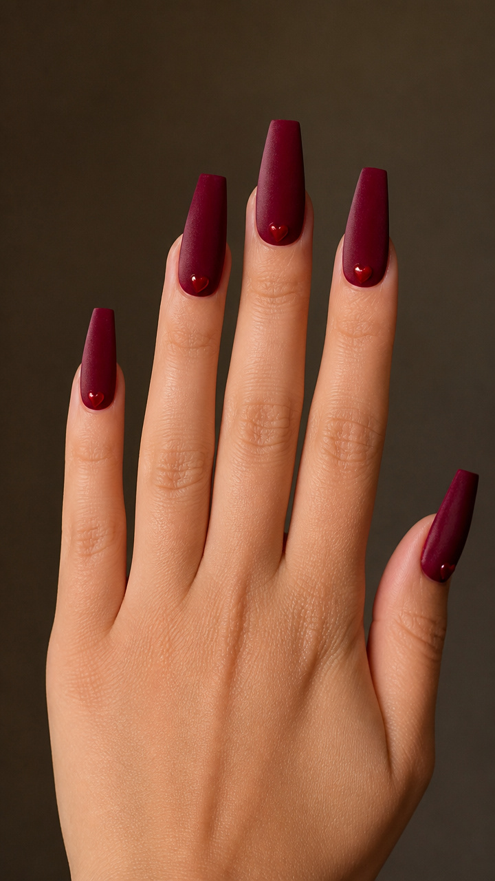 Velvet Burgundy Coffin Nails with Micro Heart Accents