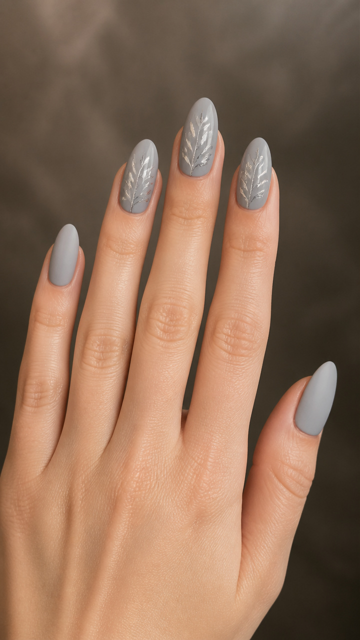 Dove Gray Nails with Delicate Silver Vine Art