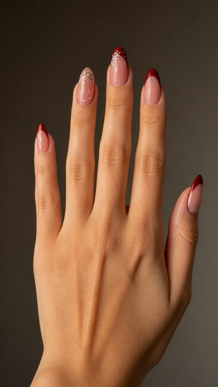 Glossy Cherry Red Tips with Snowflake Stickers