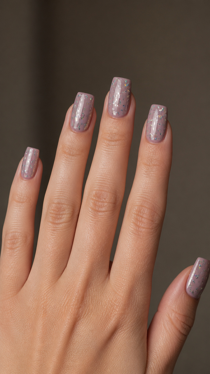 Silver Foil Fleck Design on Mauve Square Tips