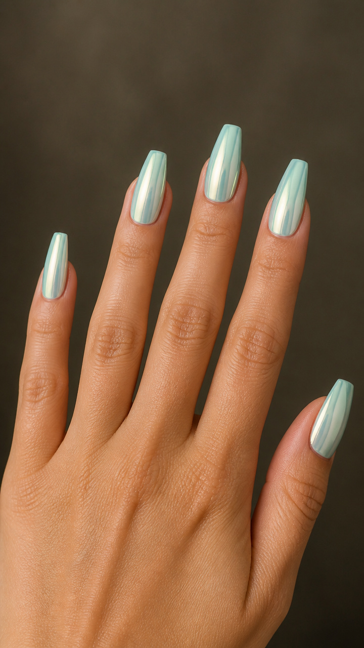 Icy Mint Chrome Coffin Nails