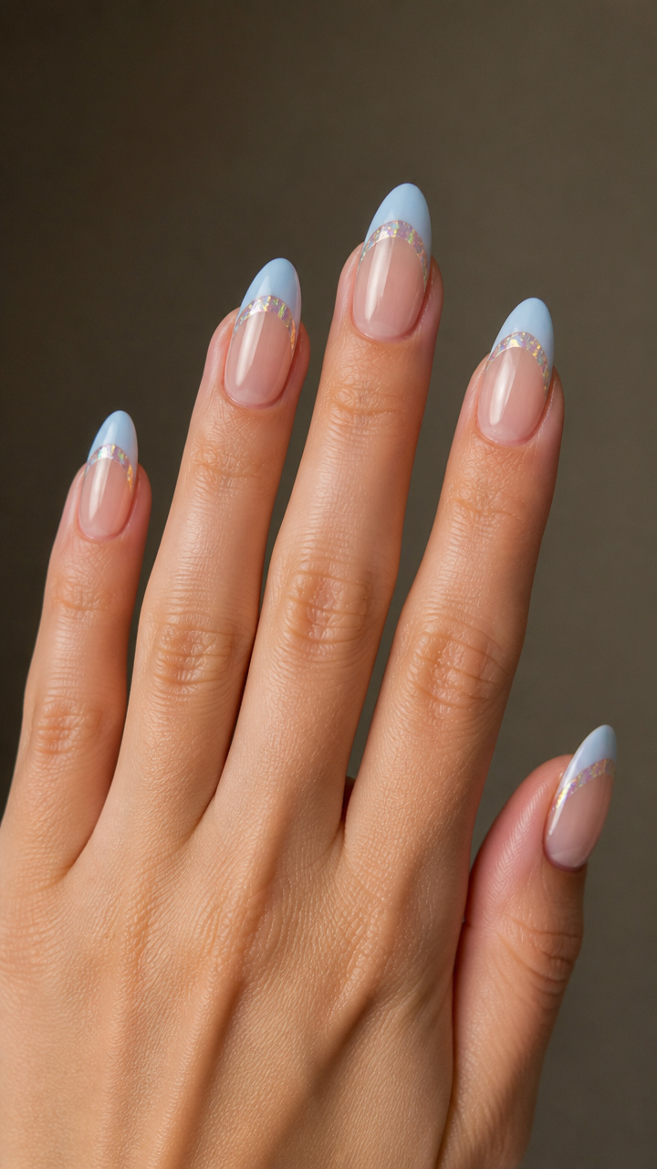 Baby Blue French Manicure with Iridescent Edge