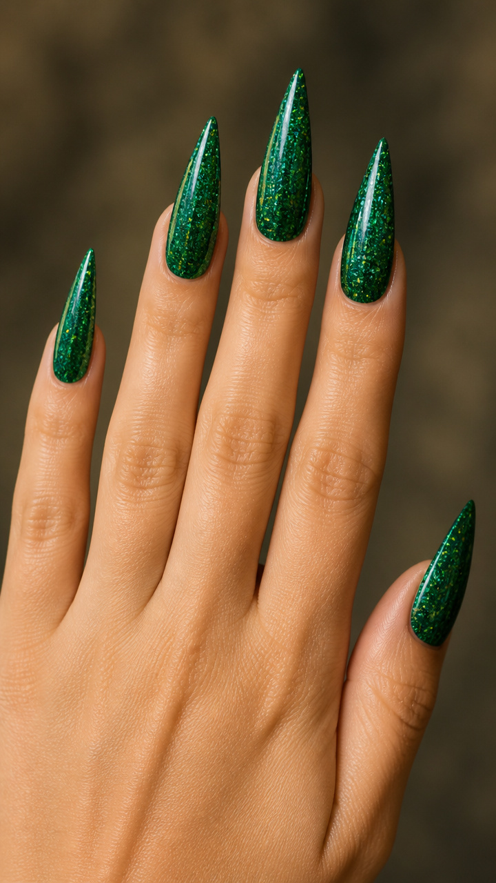 Emerald Green Glitter Stiletto Nails