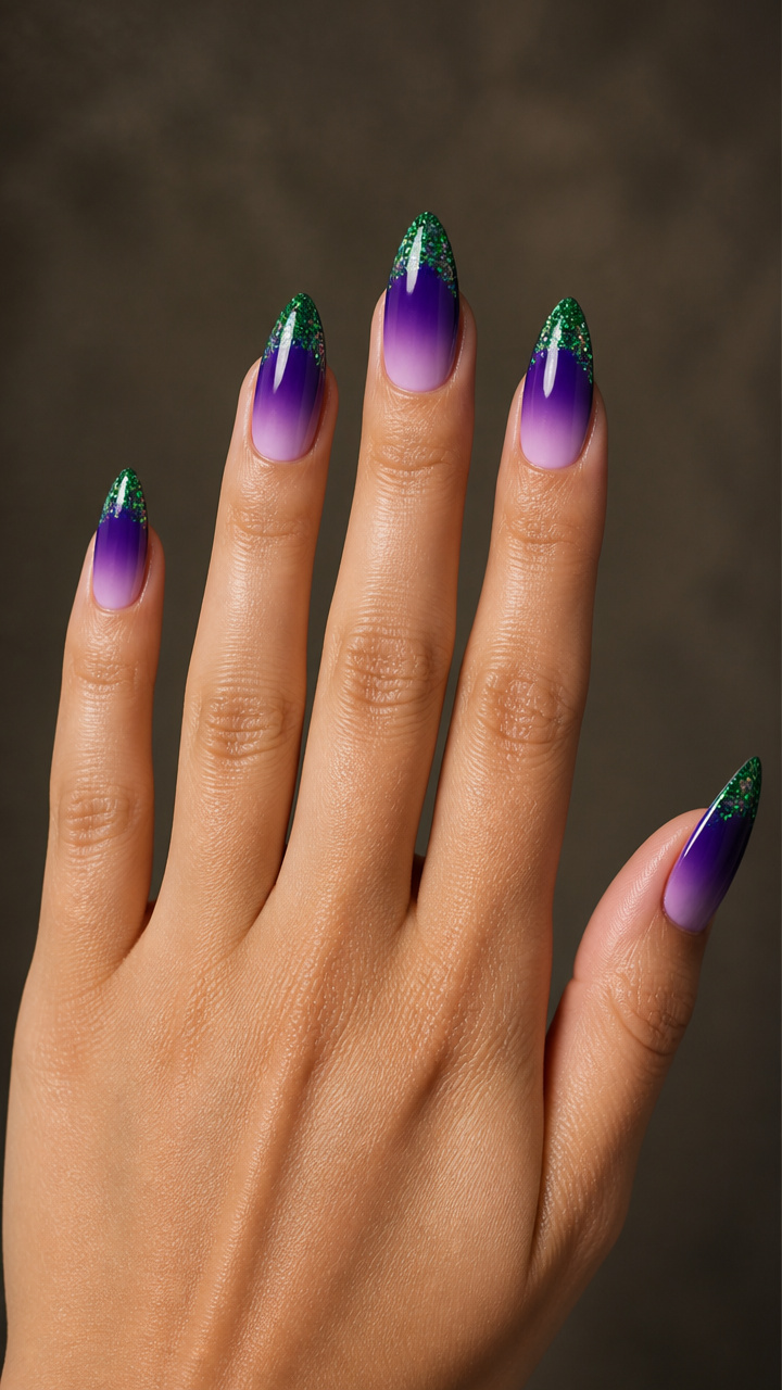 Royal Purple Ombré with Emerald Glitter Tips