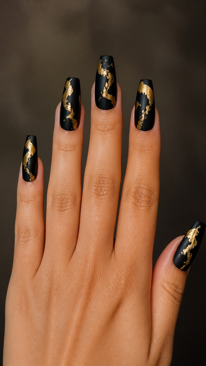 Gold Foil Accents on Matte Black Coffin Nails