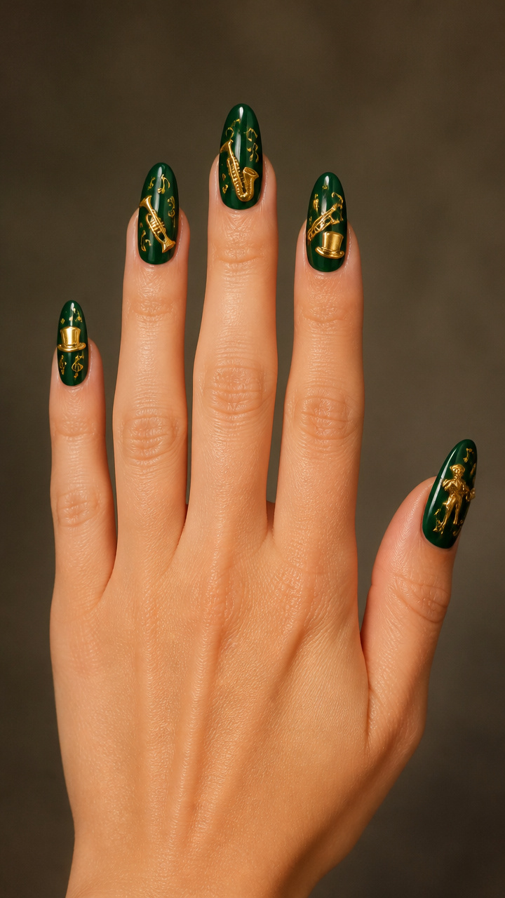 Jazz Band Charms on Deep Green Almond Tips
