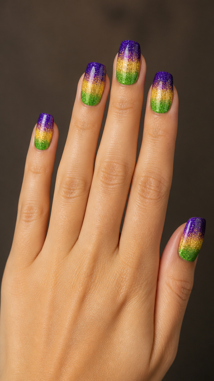 Glitter Ombre Flag Fade in Purple, Gold, and Green