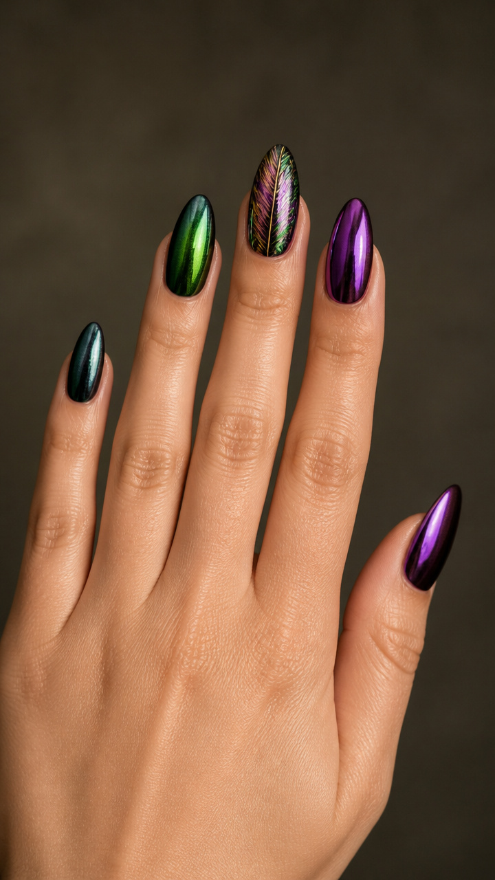 Feather Accent Nail with Iridescent Chrome