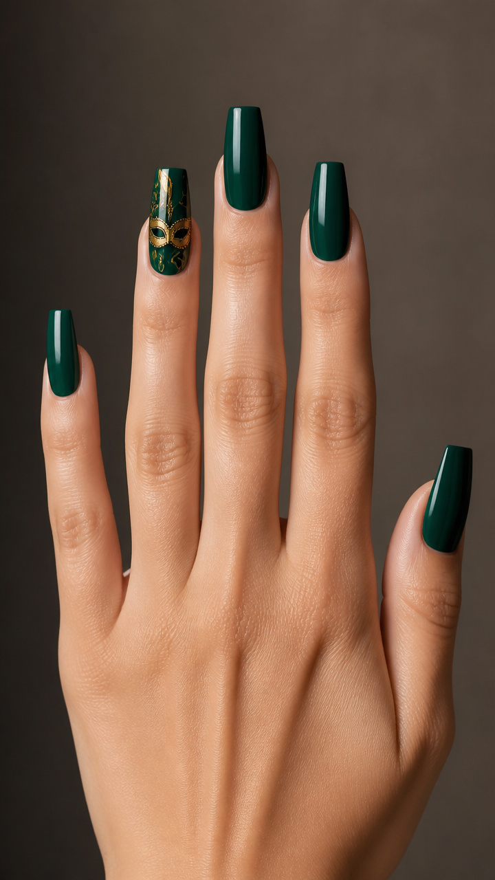 Emerald Green Coffin Nails with Mask Motif