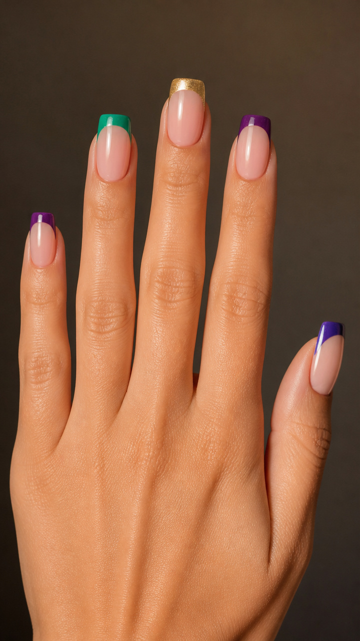 Tri-Color French Tips in Purple, Green, and Gold