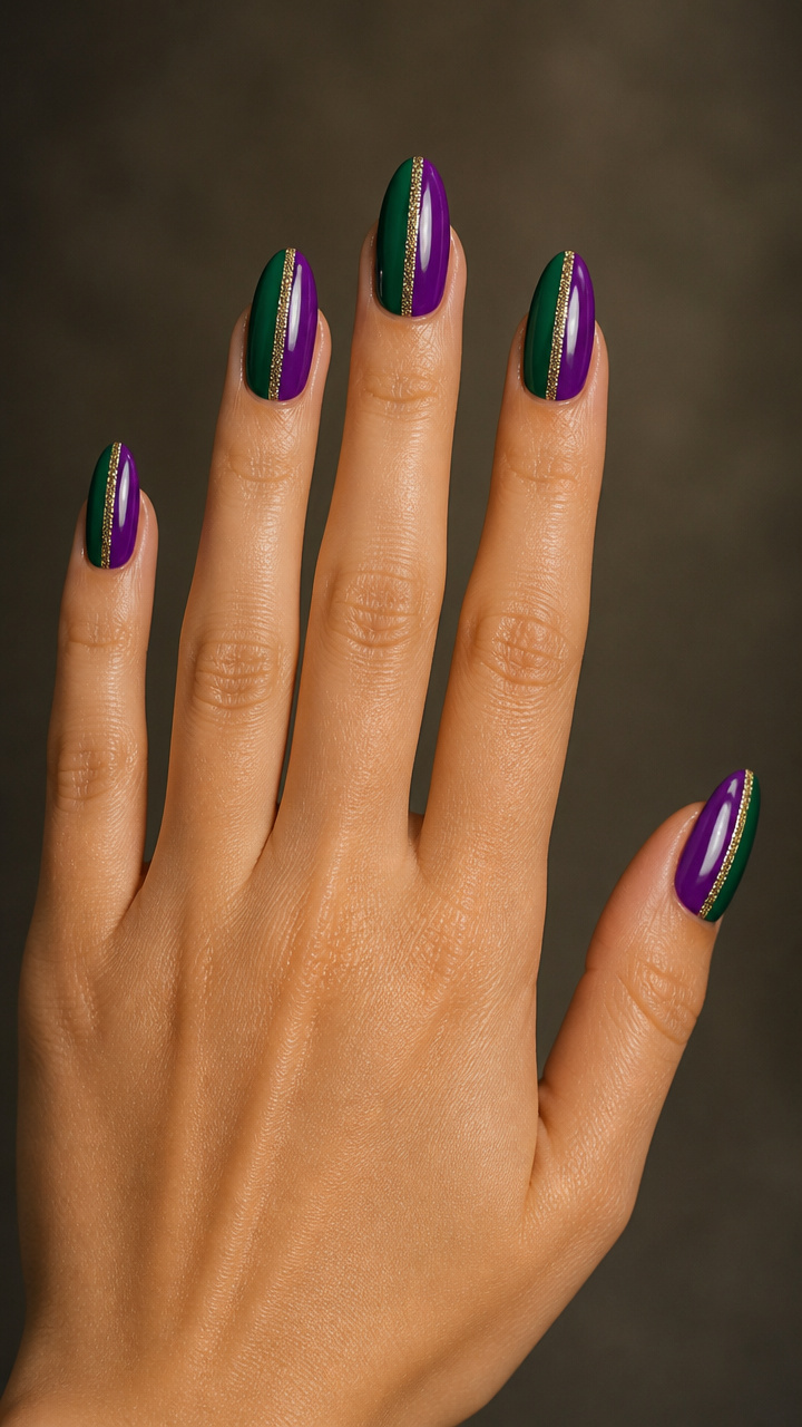 Split-Tone Nails: Half Green, Half Purple with Glitter Line