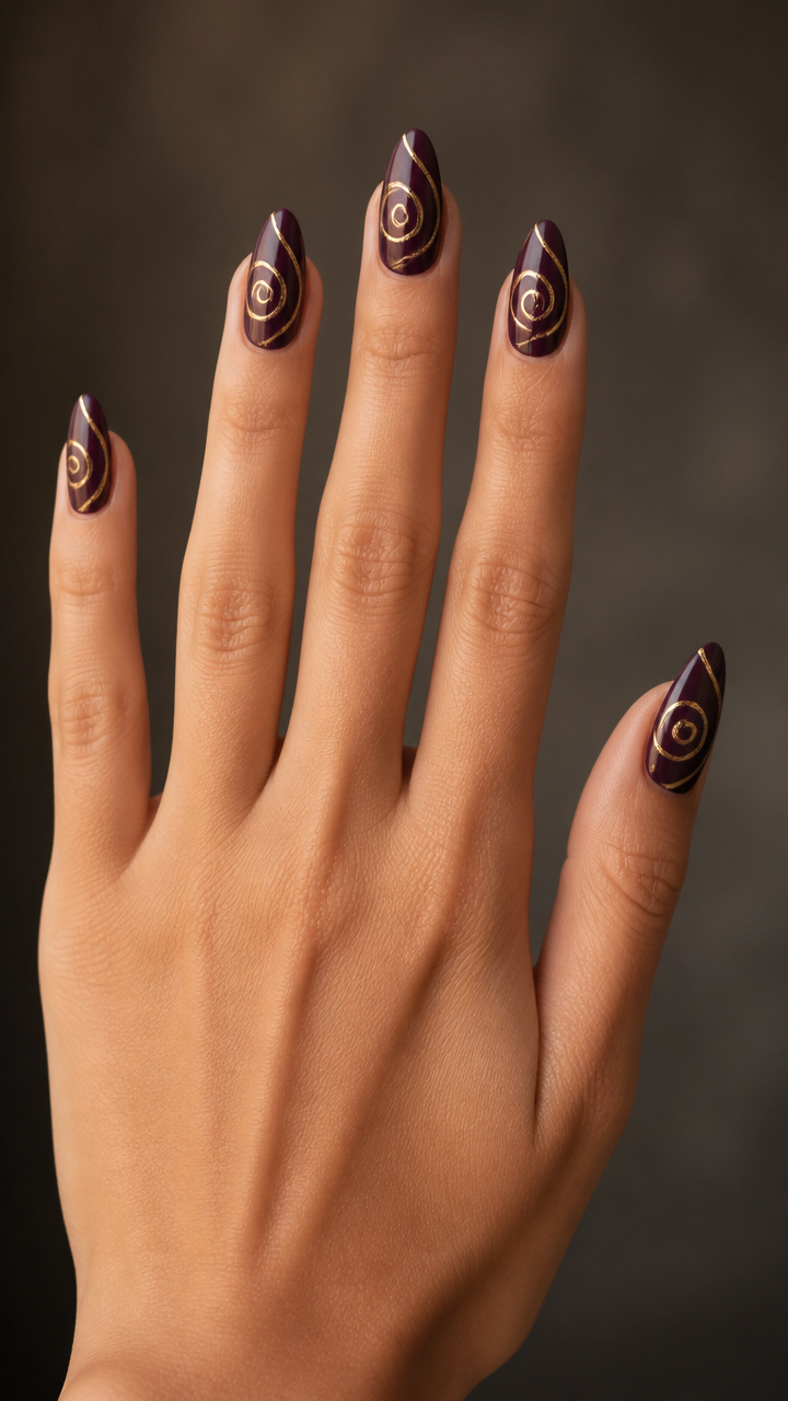 Gold Spiral Patterns on Deep Plum Base