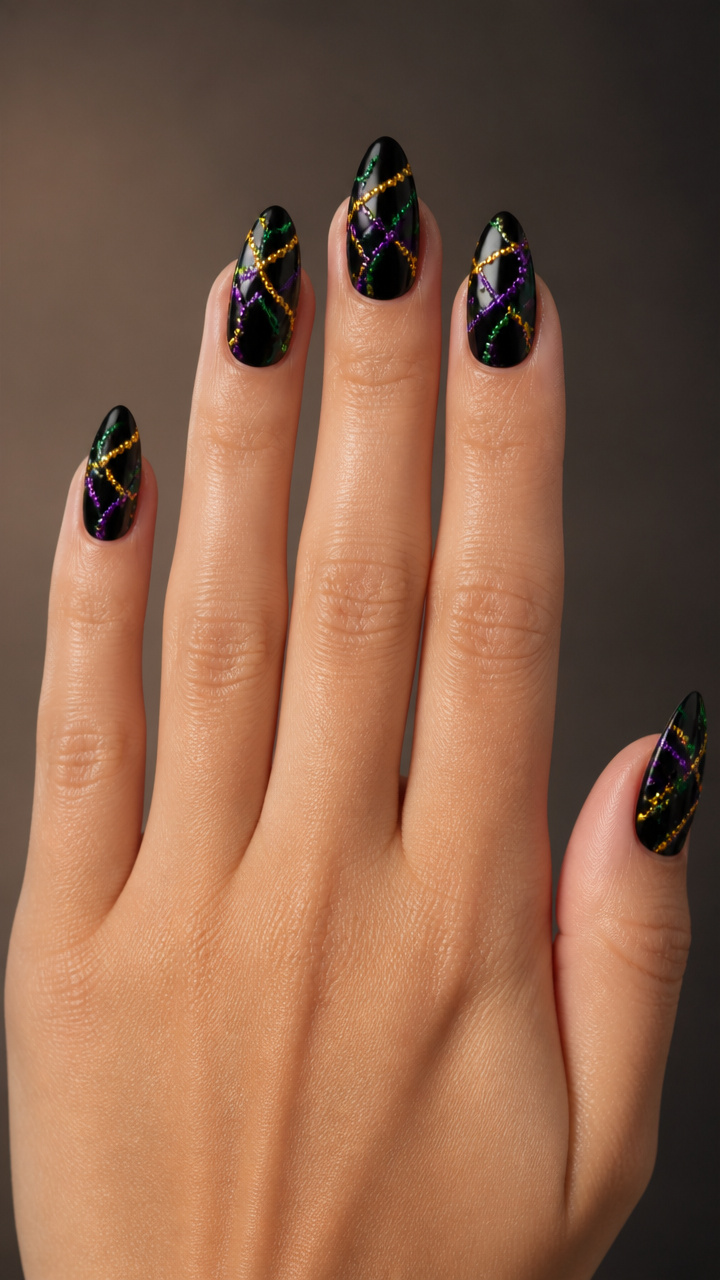 Black Base with Floating Mardi Gras Beads Art