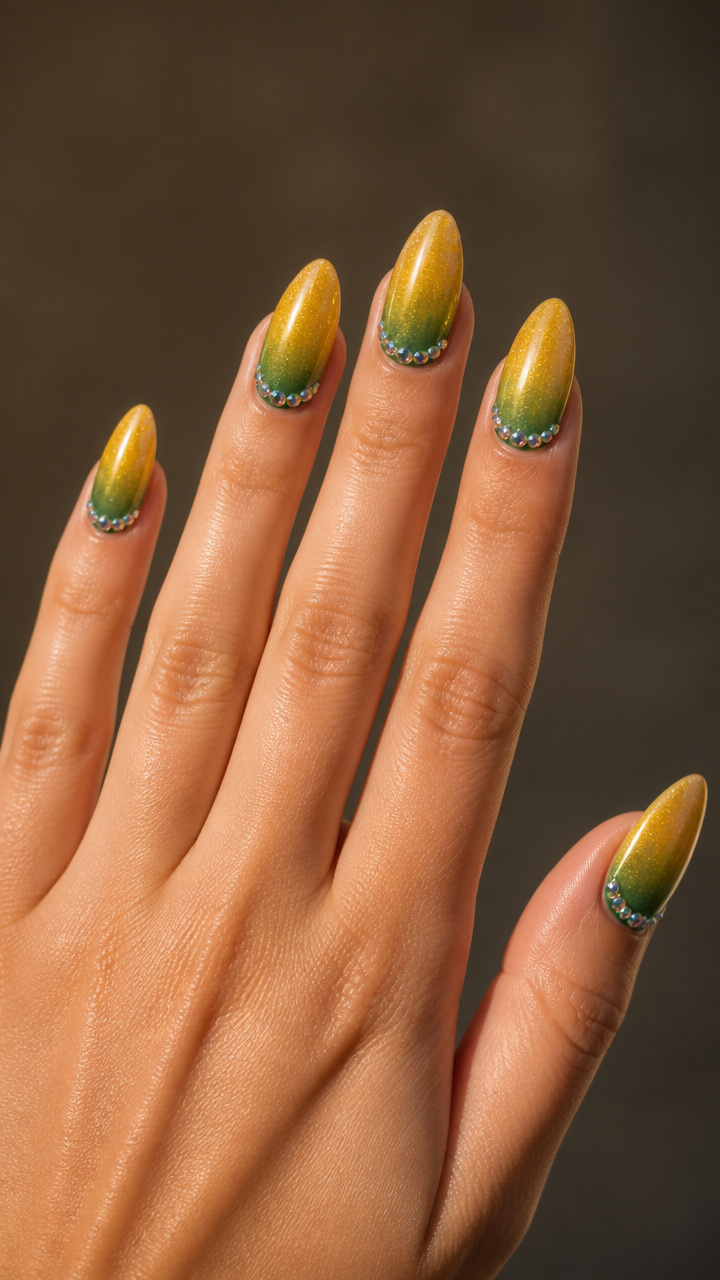 Ombré Transition from Gold to Green with Rhinestone Border
