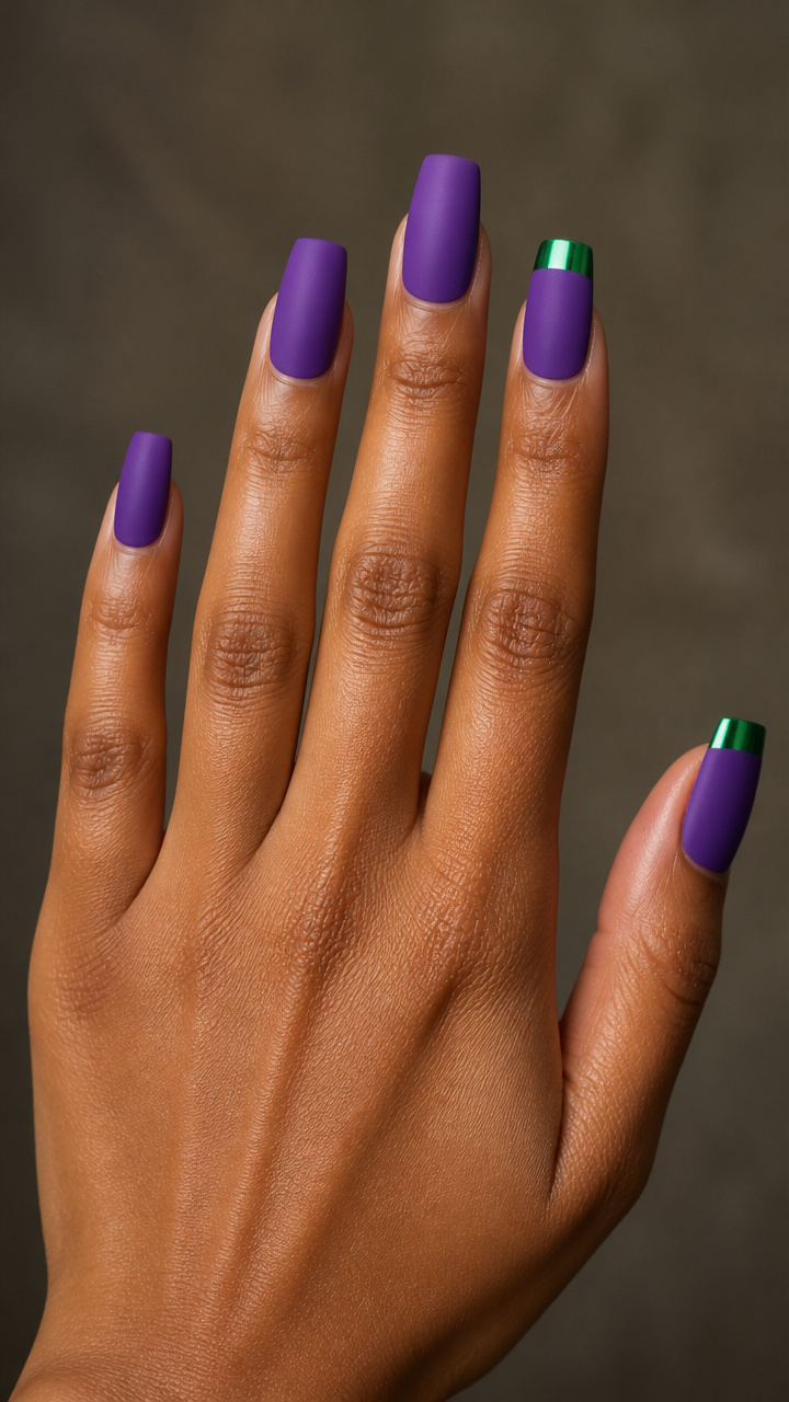 Purple Matte Square Nails with Green Chrome Accents