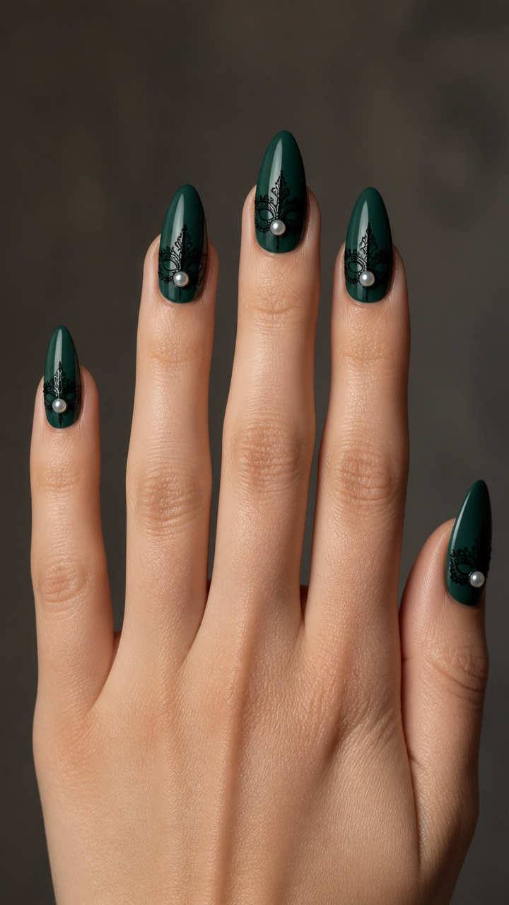 Deep Green Nails with Hand-Painted Masks and Pearls