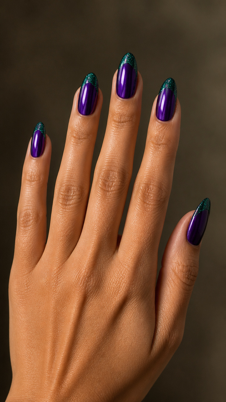 Royal Purple Chrome Tips with Emerald Glitter Accents