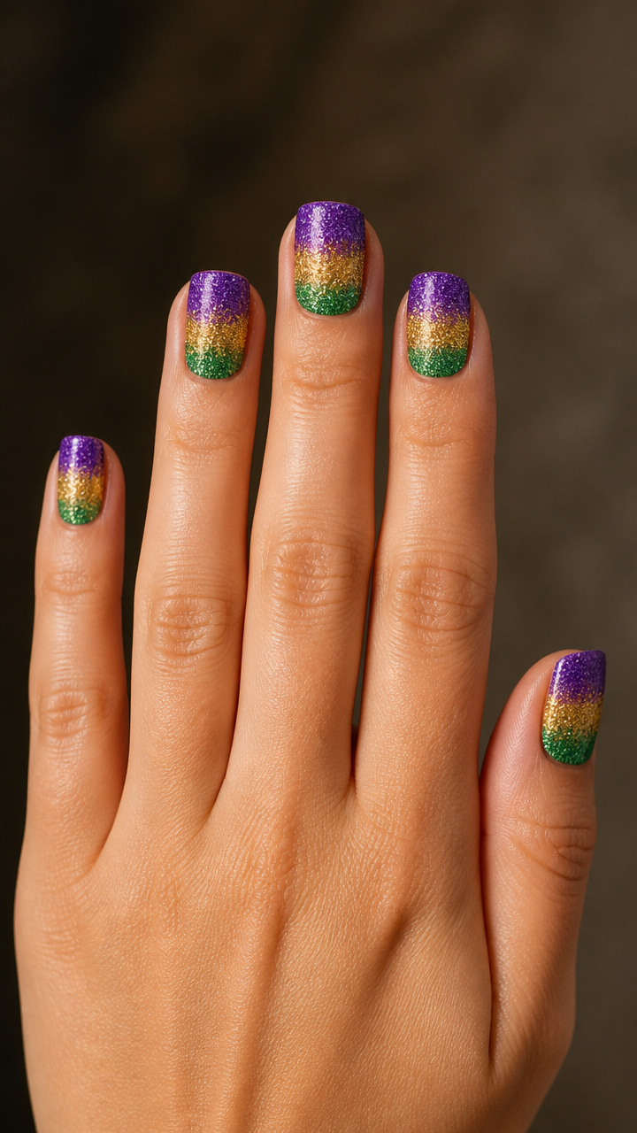 Mardi Gras Tricolor Glitter Gradient