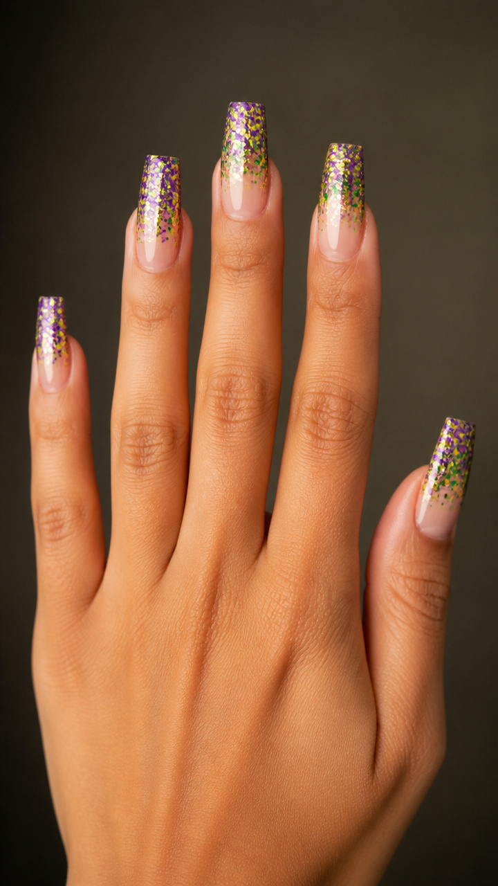 Glitter-Dipped Coffin Nails in Carnival Colors