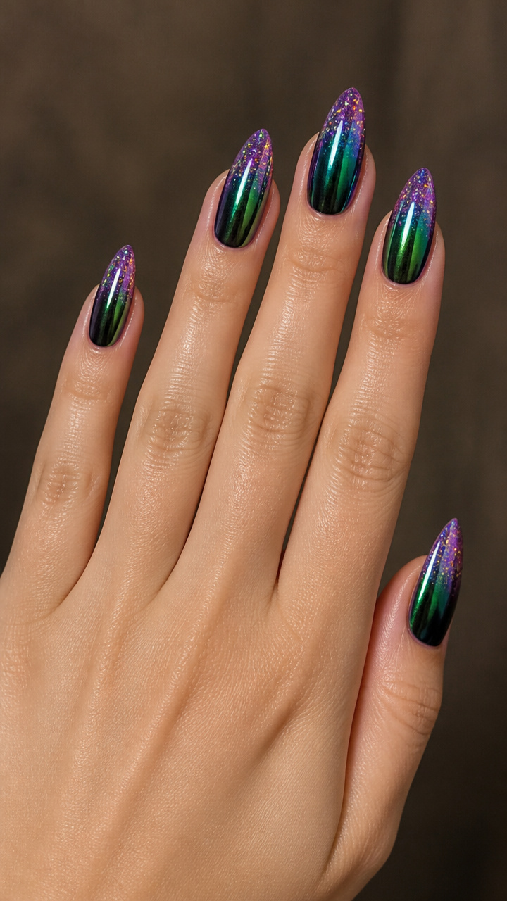 Green Chrome Flip Effect with Purple Holographic Tips