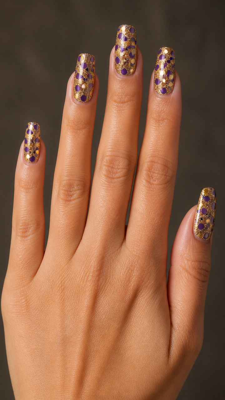 Purple and Gold Polka Dots with Glitter Background