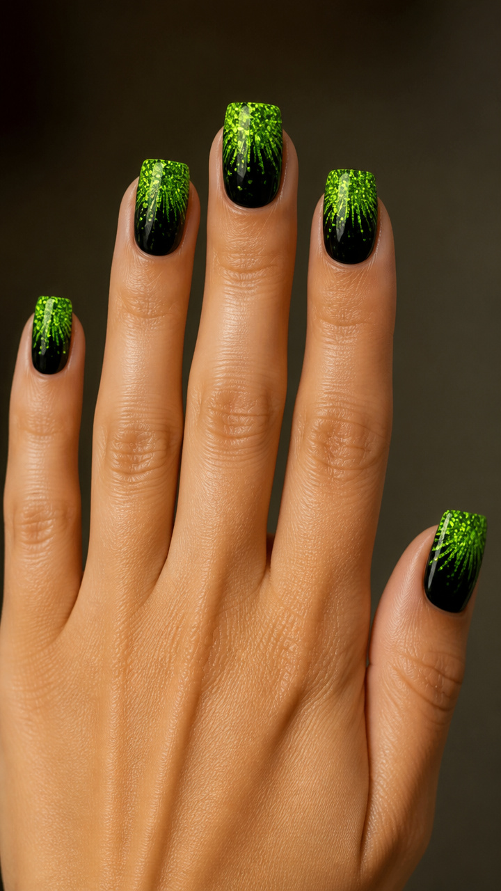 Neon Green Glitter Ombre on Jet Black Base