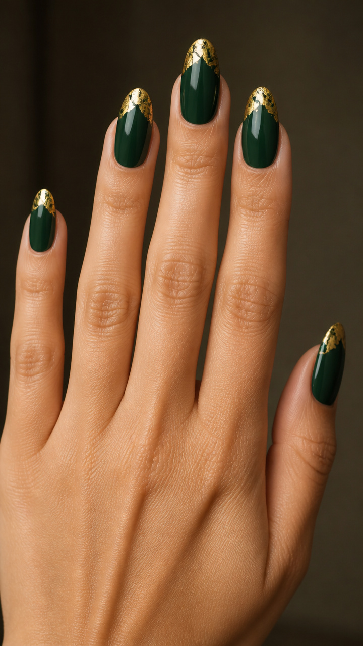 Gold Foil Tips on Deep Green Almond Nails