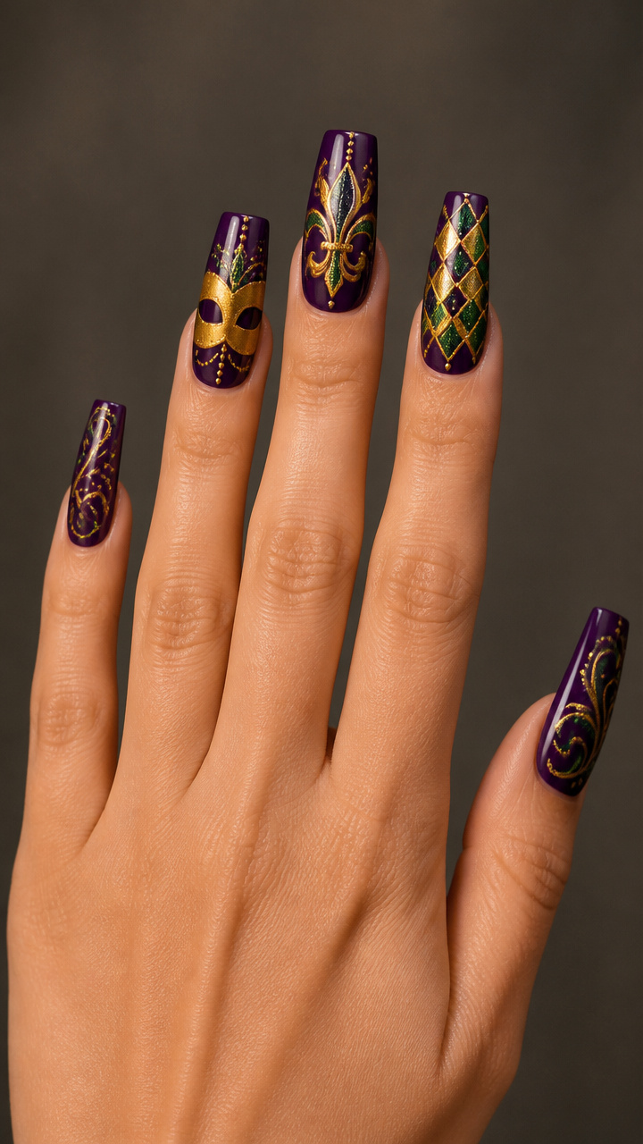 Coffin Nails with Carnival Mask Art