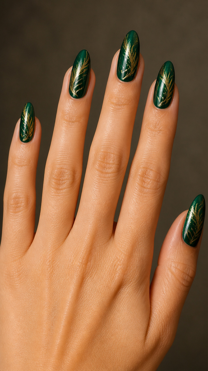Emerald Green with Feathered Gold Lines