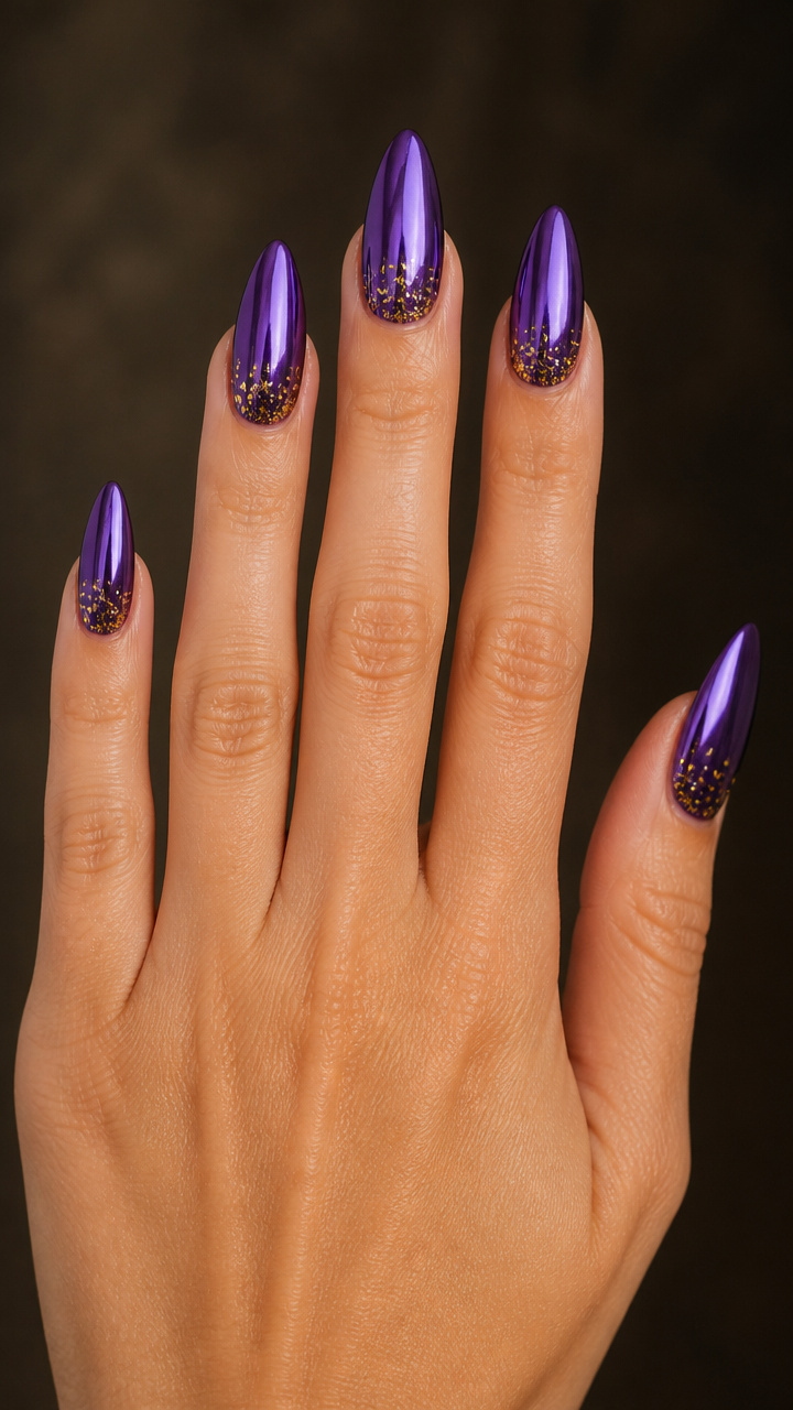 Purple Chrome Almond Tips with Gold Flecks