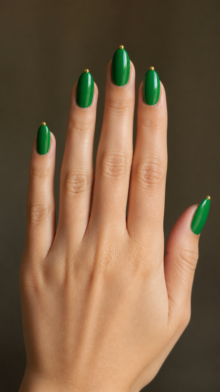 Green Almond Nails with Tiny Gold Bead Detail