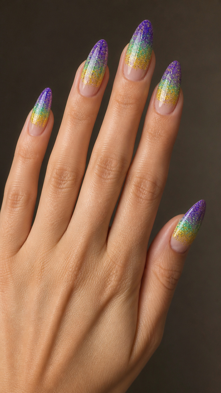 Layered Glitter Tips in Tri-Color Fade