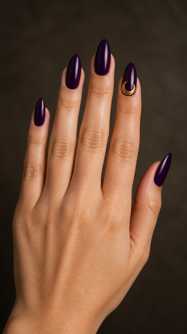 Golden Crescent Moon Accent on Purple Almonds