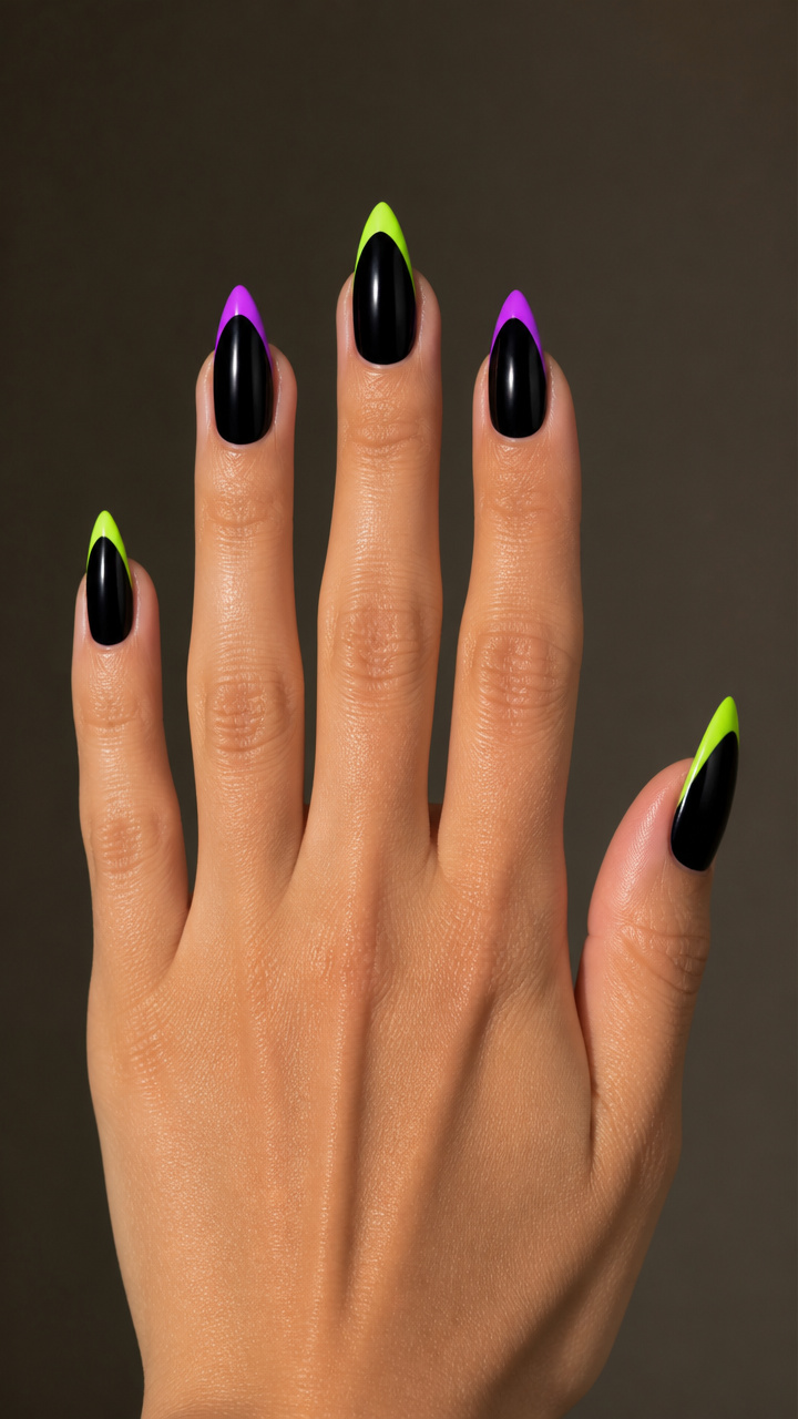 Black Almond Nails with Neon Trim Accents