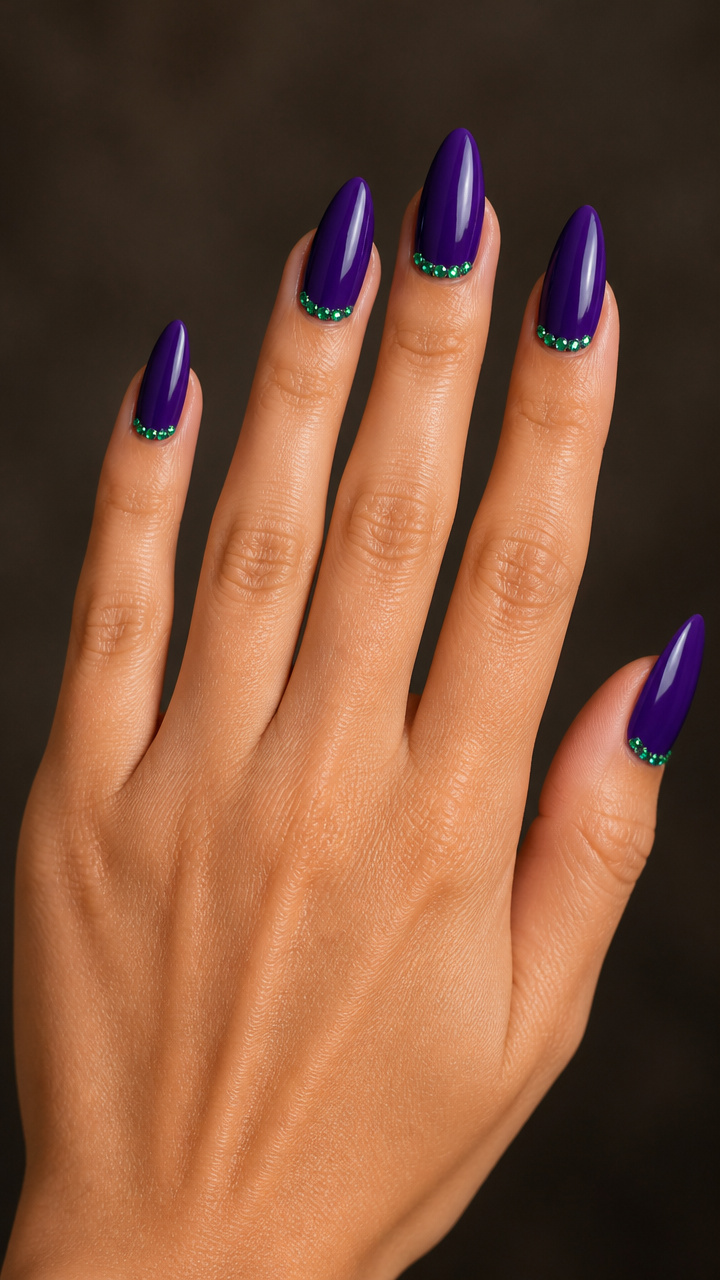 Purple Almond Nails with Green Rhinestone Border
