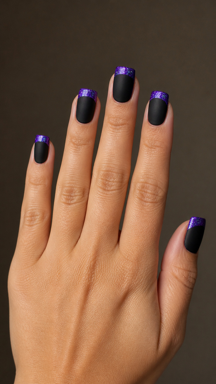 Royal Purple Glitter Tips with Matte Black Base