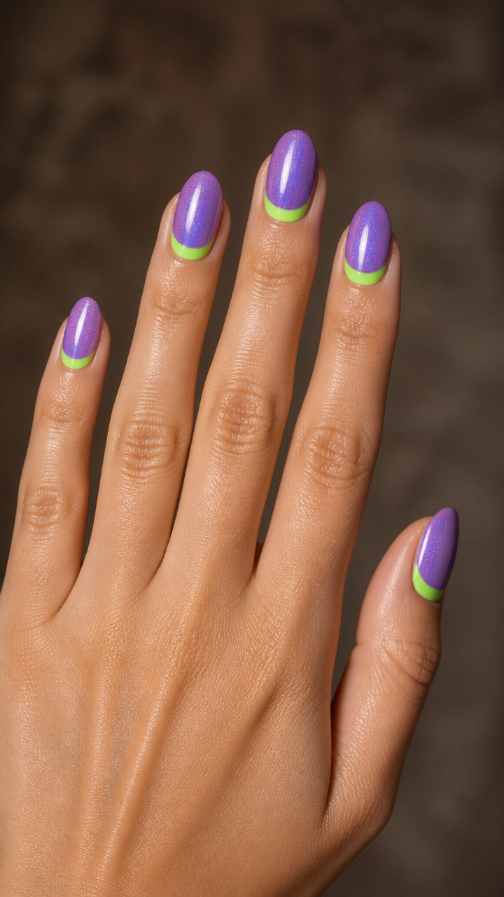 Neon Green Half-Moon Accents with Purple Shimmer