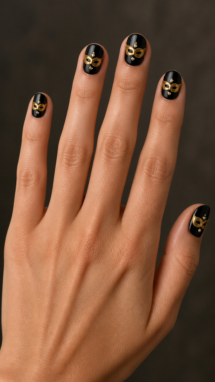 Black Base with Floating Gold Masks and Pearls
