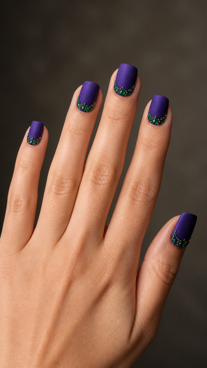 Purple Velvet Finish with Emerald Rhinestone Clusters