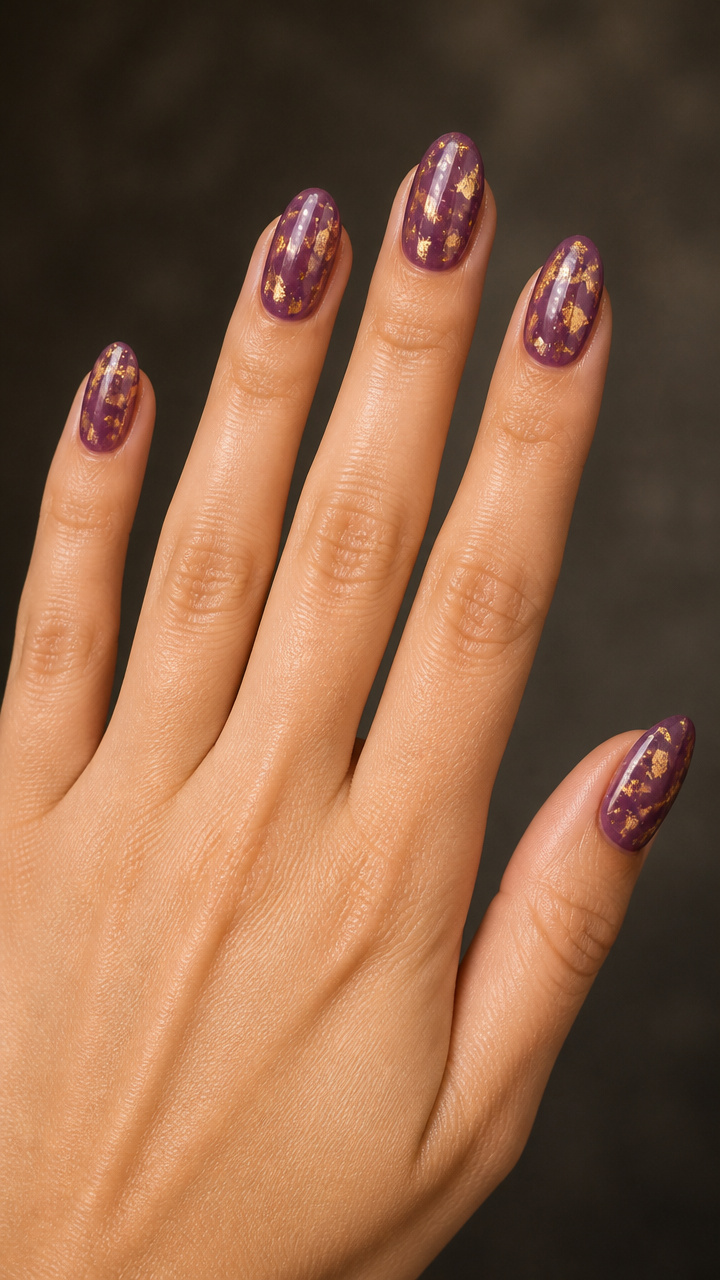 Gold Foil Flecks on Translucent Grape Jelly Polish