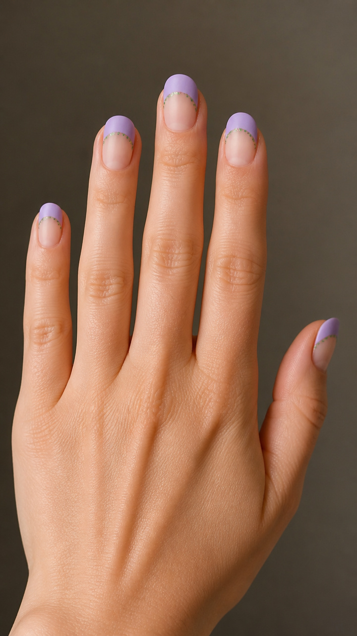 Frosted Lavender Tips with Green Glitter Accents